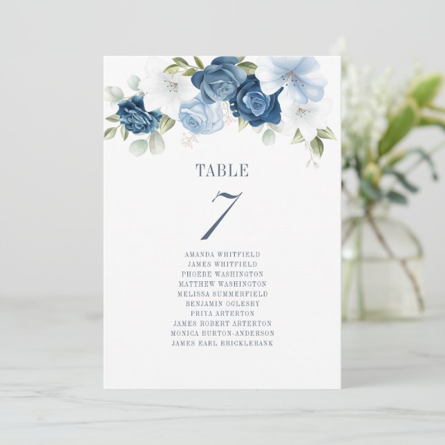 Dusty Blue Floral Wedding Table Number 7 Seating (Standing Front)
