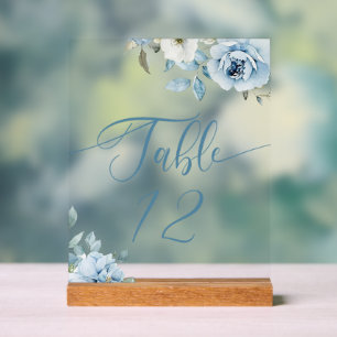 Dusty blue floral wedding table number acrylic sign