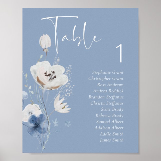 Dusty Blue Floral Wedding Table Seating Chart  (Front)