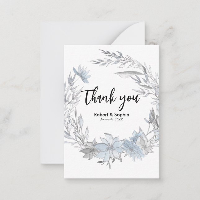 Dusty Blue Floral Wedding Thank you Card (Front)