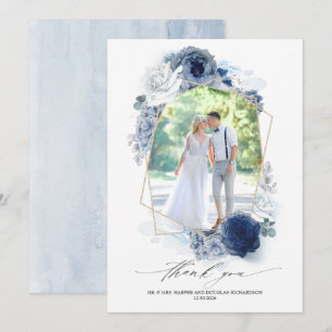 Dusty Blue Floral Wedding Thank You Photo Card
