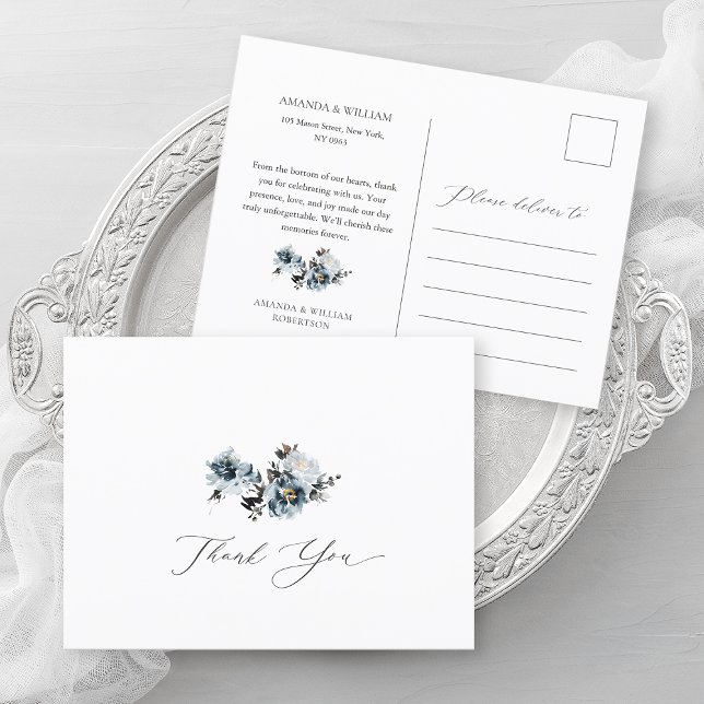 Dusty Blue Floral Wedding Thank You Postcard (Creator Uploaded)