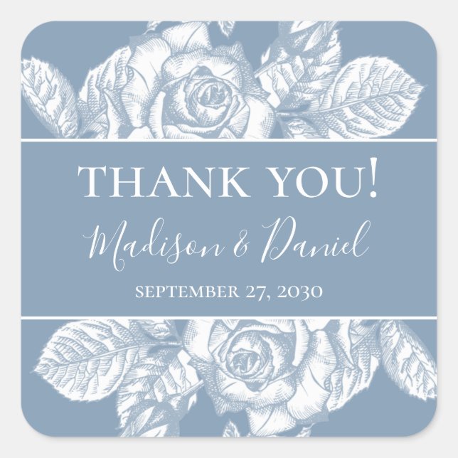 Dusty Blue Floral Wedding Thank You Square Sticker (Front)