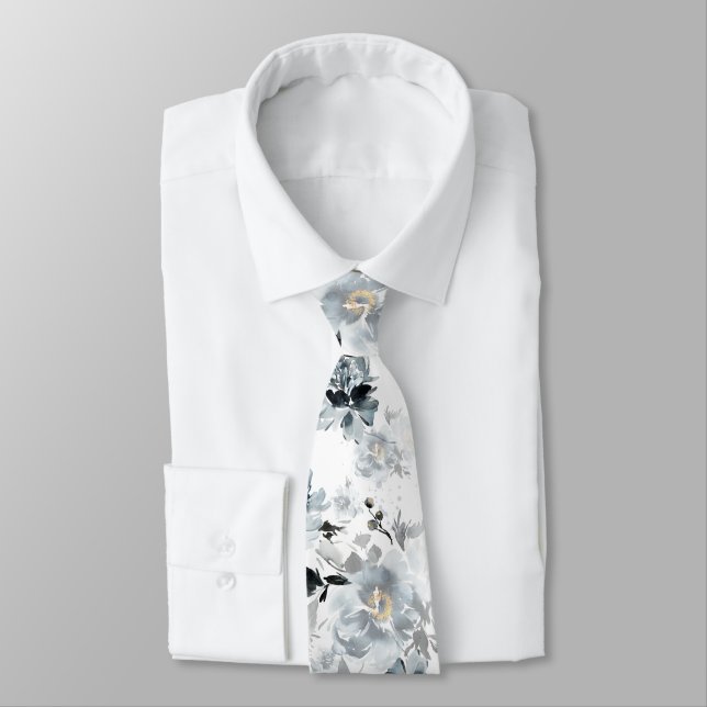 Dusty Blue Floral Wedding Tie (Tied)