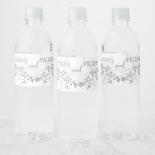 Dusty Blue Floral Wedding Water Bottle Wrap Labels (Bottles)