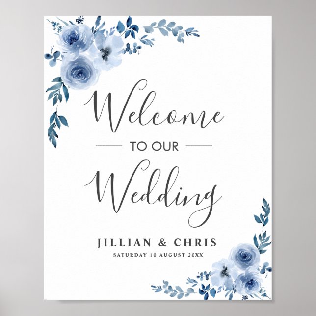 dusty blue floral wedding welcome poster (Front)