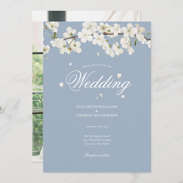 Dusty Blue Floral Wedding White Blossom Photo Invitation (Front/Back)