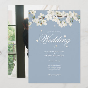 Dusty Blue Floral Wedding White Blossom Photo Invitation