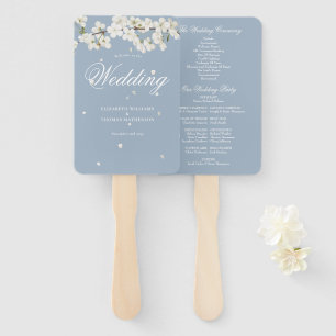 Dusty Blue Floral White Blossom Wedding Program Hand Fan