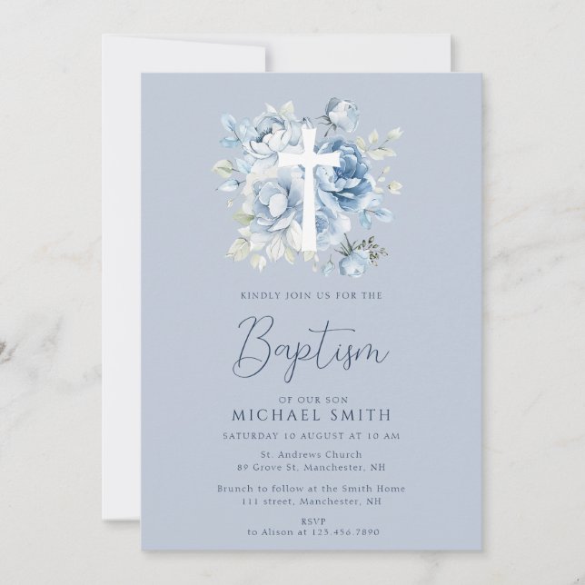 dusty blue floral white cross baptism invitation (Front)