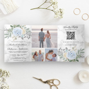 Dusty Blue Floral White Marble QR Code Wedding Tri-Fold Invitation