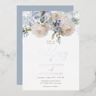 Dusty Blue Floral & White Roses Wedding Silver