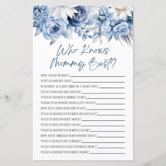Dusty Blue Floral Who Knows Mummy Baby Shower Game (Front)