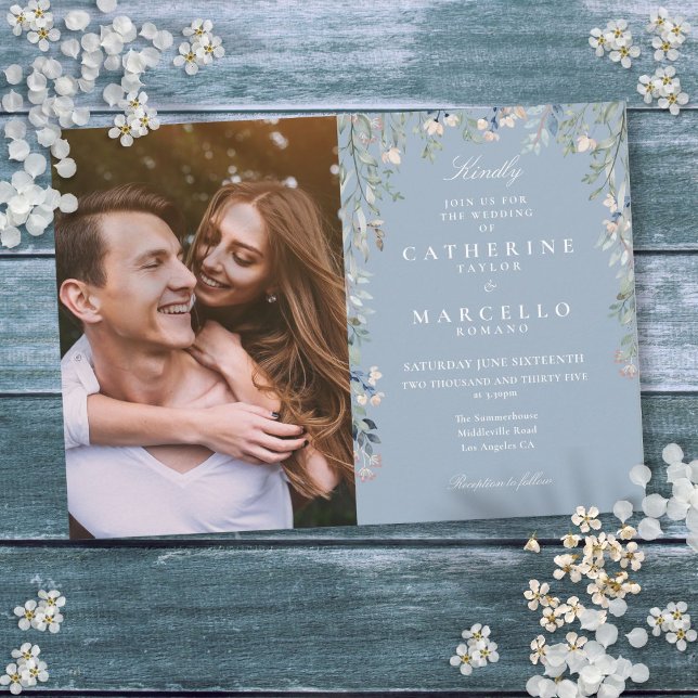 Dusty Blue Floral Wildflowers Photo Wedding Invitation (Dusty Blue Floral Wildflowers Photo Wedding Invitation)