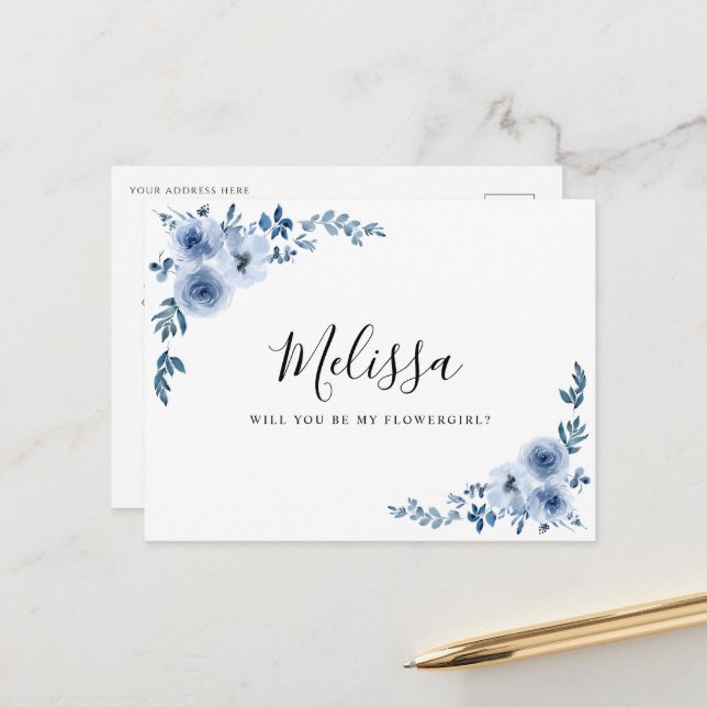 dusty blue floral will you be flowergirl card (Front/Back In Situ)