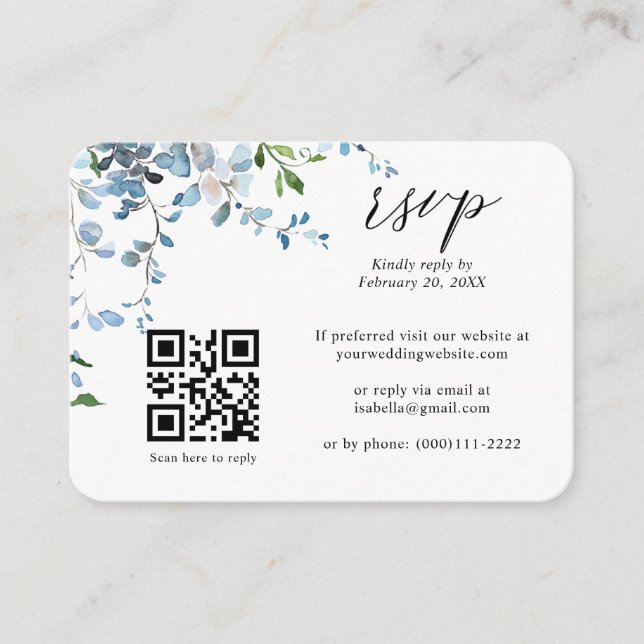 Dusty Blue Floral Wisteria QR Code Wedding RSVP Enclosure Card (Front)