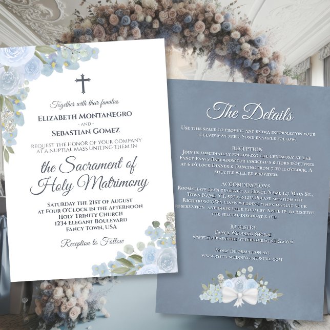 Dusty Blue Floral  with Details Catholic Wedding Invitation (Front/Back)