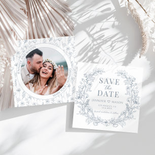 Dusty blue floral wreath boho Save the Date photo