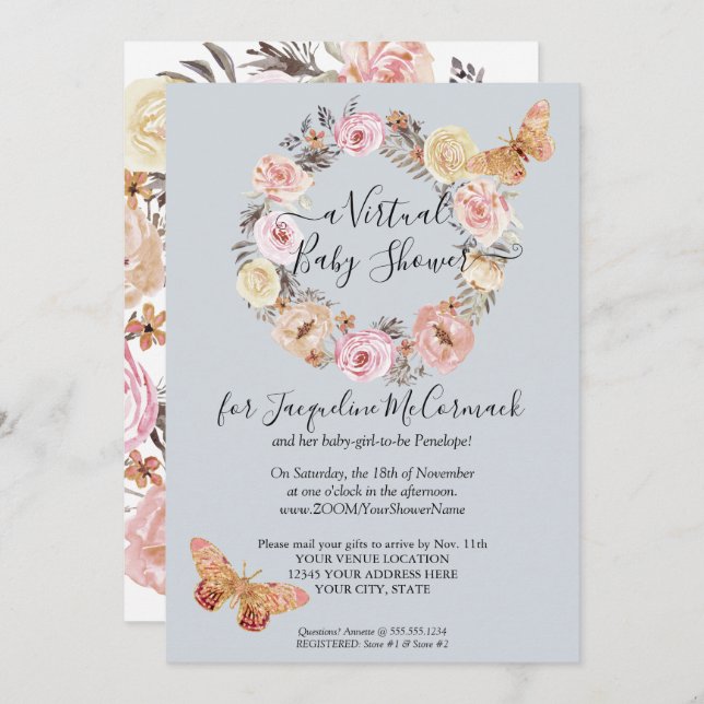 Dusty Blue Floral Wreath Butterfly Virtual Shower Invitation (Front/Back)