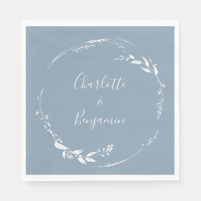Dusty Blue Floral Wreath Calligraphy Monogrammed Napkin (Front)