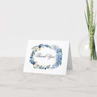 Dusty Blue Floral Wreath Greenery Wedding Thank You Card