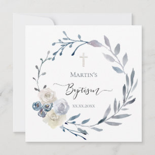 dusty blue floral wreath watercolor Baptism Invitation