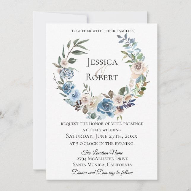 Dusty Blue Floral Wreath Wedding Invitation (Front)