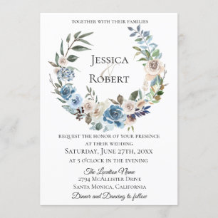 Dusty Blue Floral Wreath Wedding Invitation