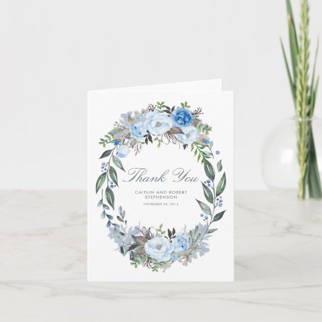 Dusty Blue Floral Wreath Wedding Thank You (Front)