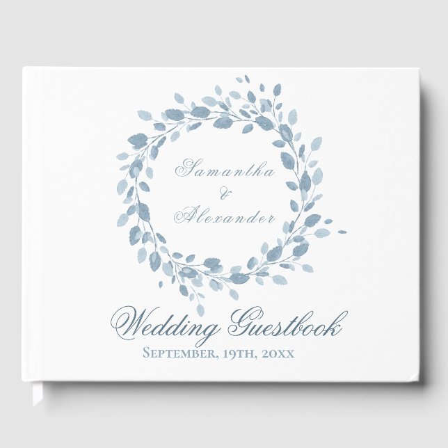 Dusty Blue Floral Wreath White Wedding Guest Book (Front)