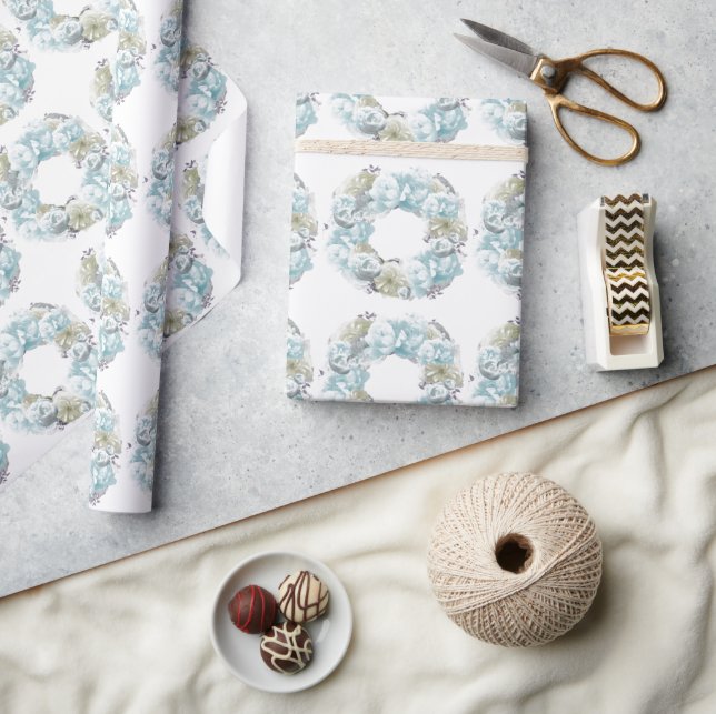 Dusty Blue Floral Wreath Wrapping Paper (Crafts)