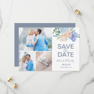 Dusty Blue Florals 3 Photo Collage Save The Date