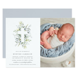 Dusty Blue Florals Baptism Photo Invitation