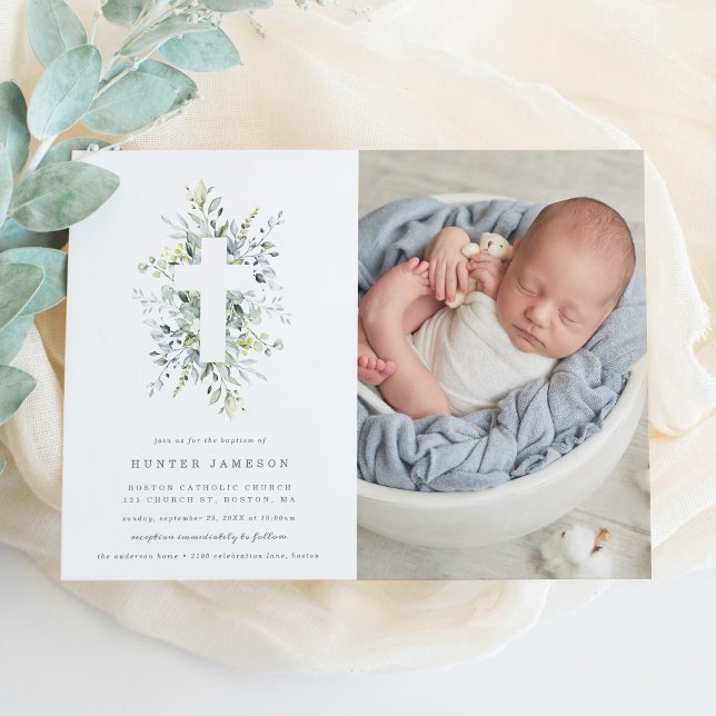 Dusty Blue Florals Baptism Photo Invitation (Creator Uploaded)