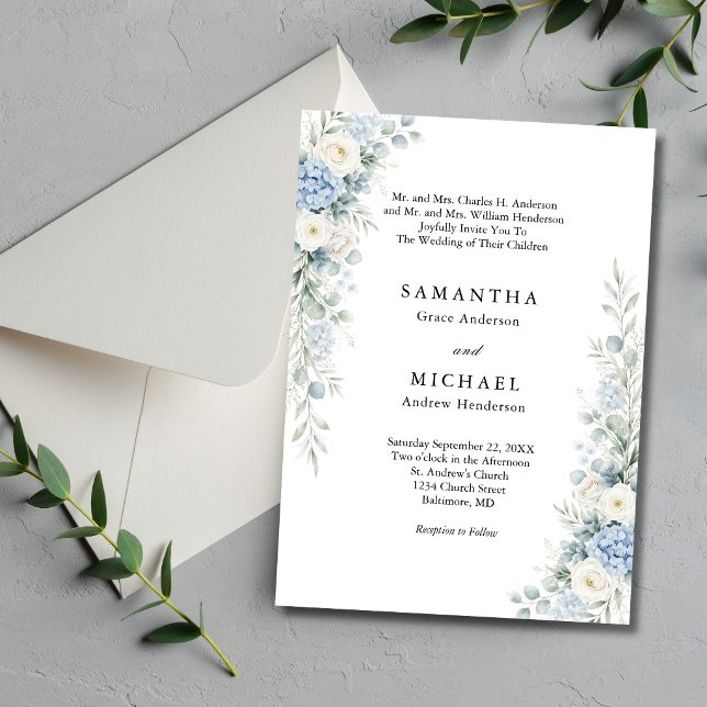 Dusty Blue Florals Both Parents Names Wedding Invitation (Dusty blue, cream and white watercolor florals elegant traditional wedding invitation)