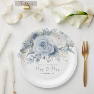 Dusty Blue Florals Congrats Mrs and Mrs Wedding  Paper Plate