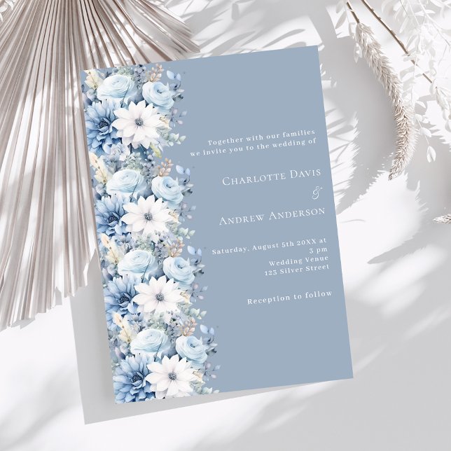 Dusty blue florals elegant wedding invitation (Creator Uploaded)