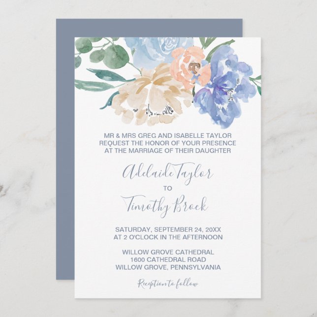 Dusty Blue Florals Formal Wedding Invitation (Front/Back)