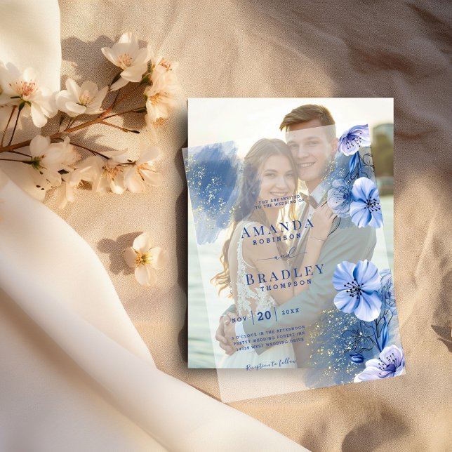 Dusty Blue Florals & Gold Glitter Elegant Wedding  Vellum Invitations (Creator Uploaded)