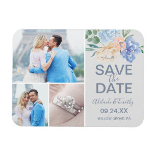 Dusty Blue Florals   Grey 3 Photo Save the Date Magnet