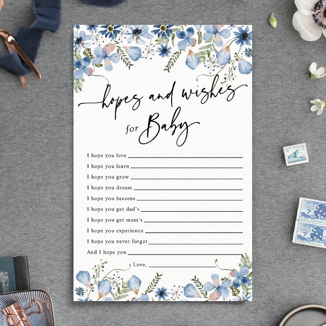 Dusty Blue Florals Hopes & Wishes Baby Shower Card (Creator Uploaded)