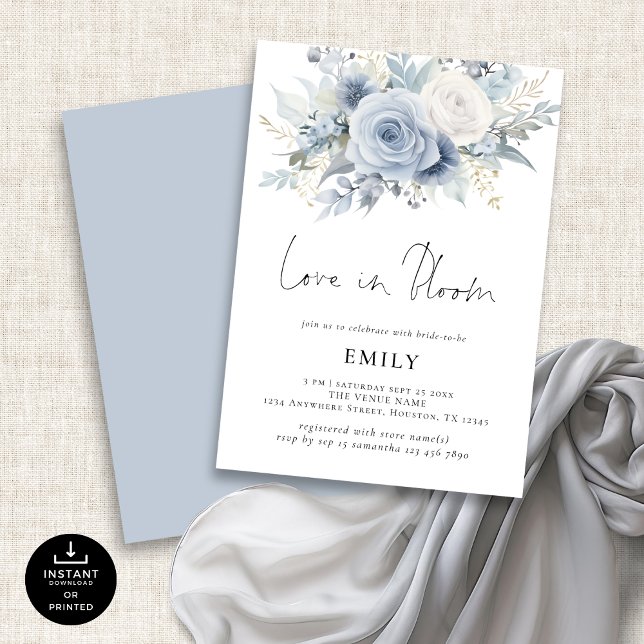 Dusty Blue Florals Love in Bloom Bridal Shower Invitation (Front and back view)
