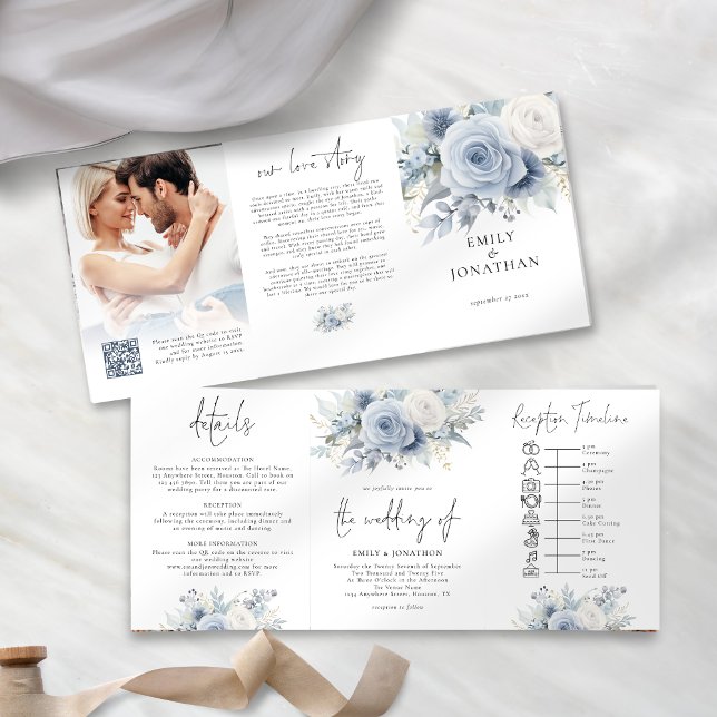 Dusty Blue  Florals Photo QR Code Timeline Wedding Tri-Fold Invitation (Creator Uploaded)