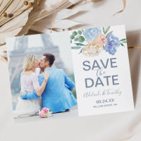 Dusty Blue Florals Photo Save the Date Card