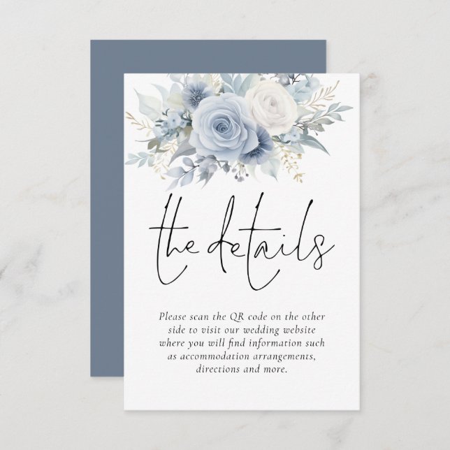 Dusty Blue Florals QR Code Wedding Details Enclosure Card (Front/Back)