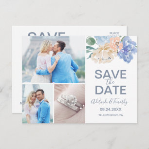 Dusty Blue Florals Save the Date 3 Photo Postcard