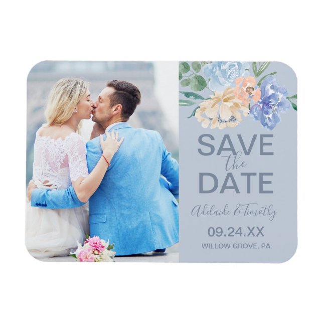 Dusty Blue Florals | Slate Photo Save the Date Magnet (Horizontal)