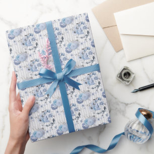 Dusty Blue Florals & Stripes - Wrapping Paper Roll
