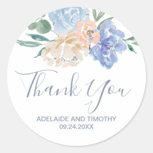 Dusty Blue Florals Thank You Wedding Favour Classic Round Sticker