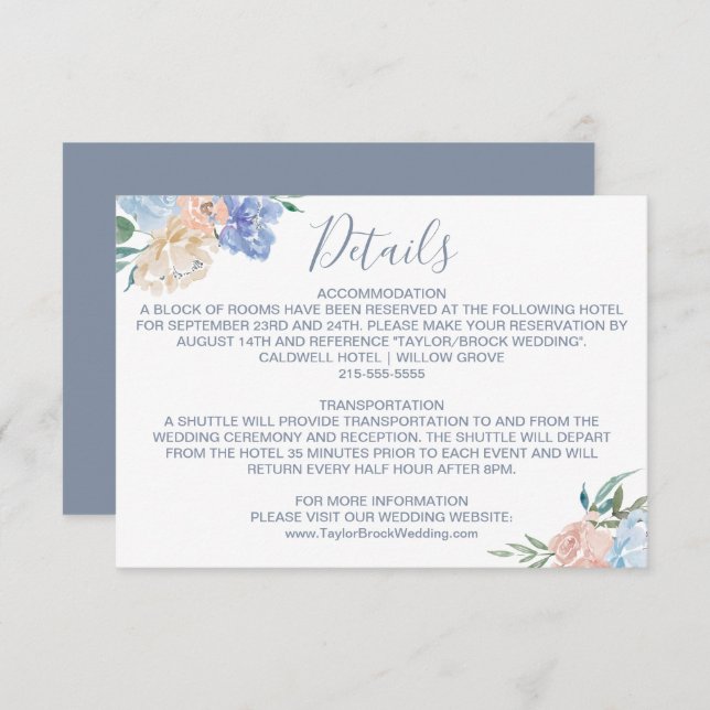 Dusty Blue Florals Wedding Details Card (Front/Back)